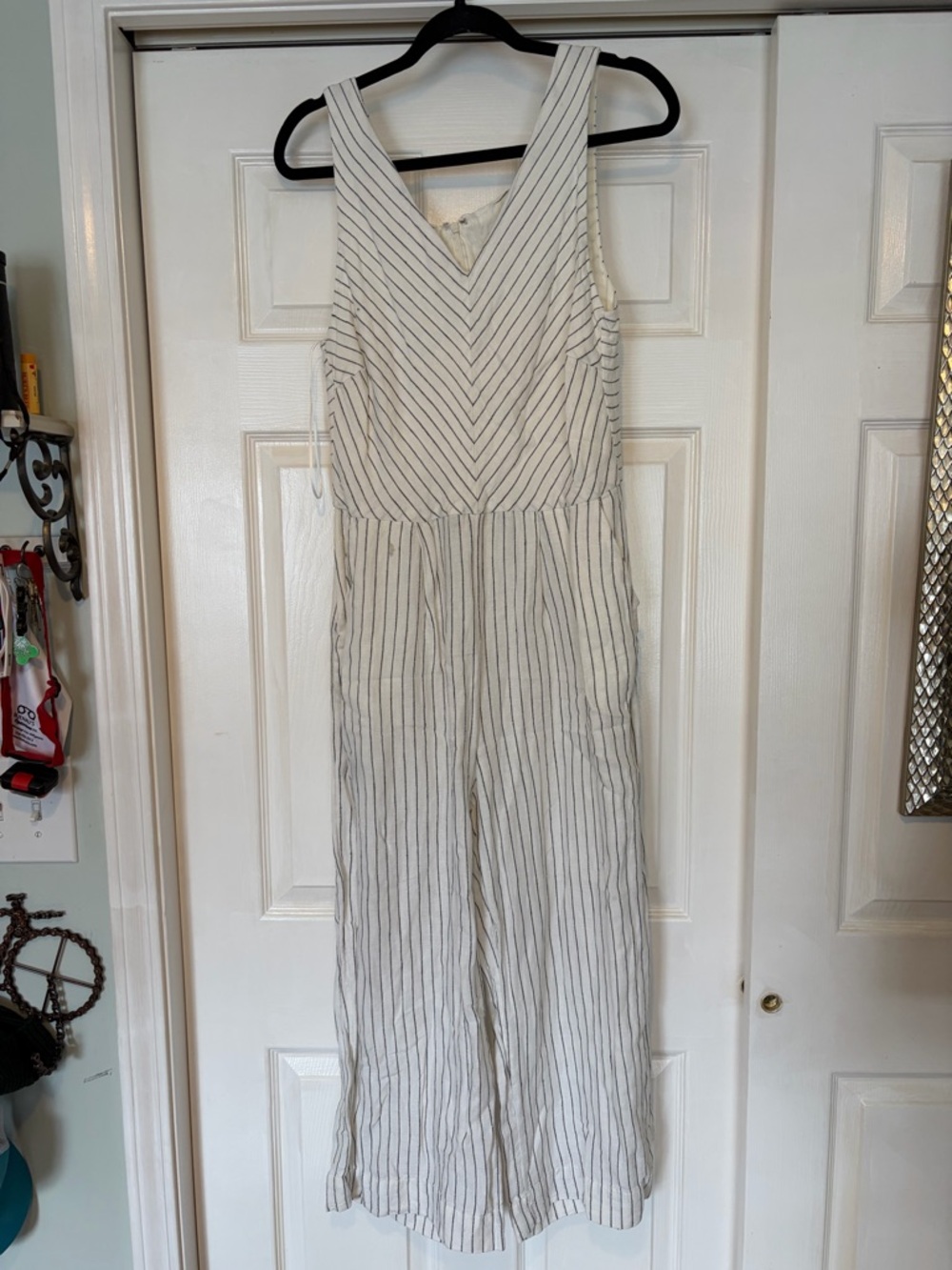 Rachel Zoe White and Black Striped V-Neck Wide-Leg Jumpsuit
